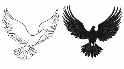 Obraz premium Two doves in flight, one white outline, one black silhouette, against white background; ideal for peace, freedom, or spiritual designs
