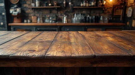 Rustic wooden bar top in a cozy pub setting with shelves of drinks and warm lighting