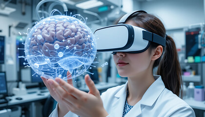 A scientist uses virtual reality technology to analyze brain models, promoting innovation and exploration in neuroscience research within a high-tech lab environment.