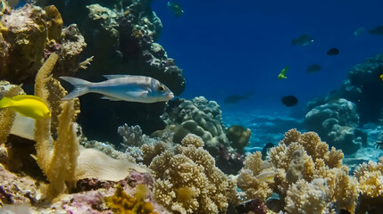 Obraz premium Underwater coral reef scene, fish swimming, vibrant colors, tropical ocean background; ideal for travel or nature documentaries