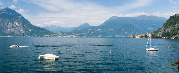 Panorama view of Lake Como and the medieval town of Varenna, Italy