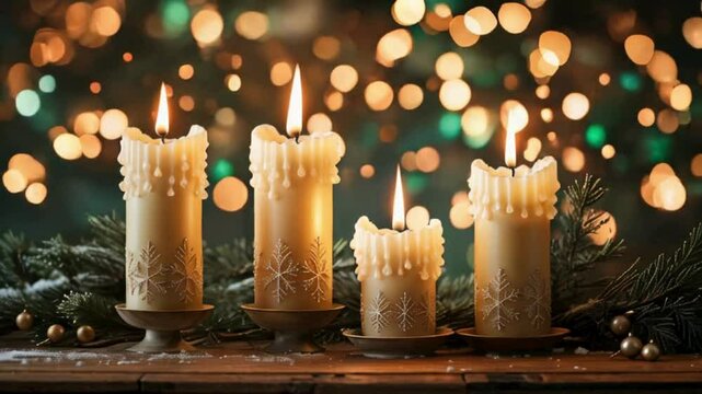 Advent Christmas Banner Featuring Four Burning Candles with Festive Booker Lights, Creating a Cory and Peaceful Atmosphere - Slow Motion Video on a Background
