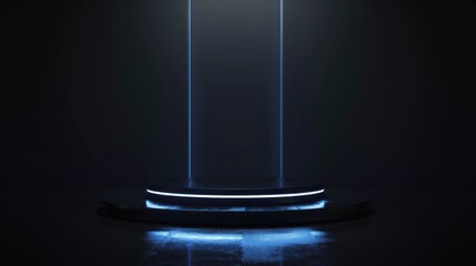Illuminated stage platform, dark studio, product display, neon lights