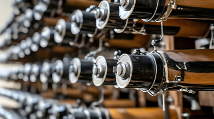 Naklejka premium Vintage cylindrical mechanisms, close-up detail, wooden frame, museum exhibit, technology history