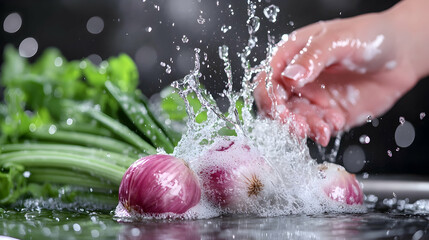 Washing red onions and spring onions in kitchen sink, water splashing, healthy food preparation