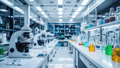 Bright Laboratory with Modern Equipment and Colorful Chemicals on Display.