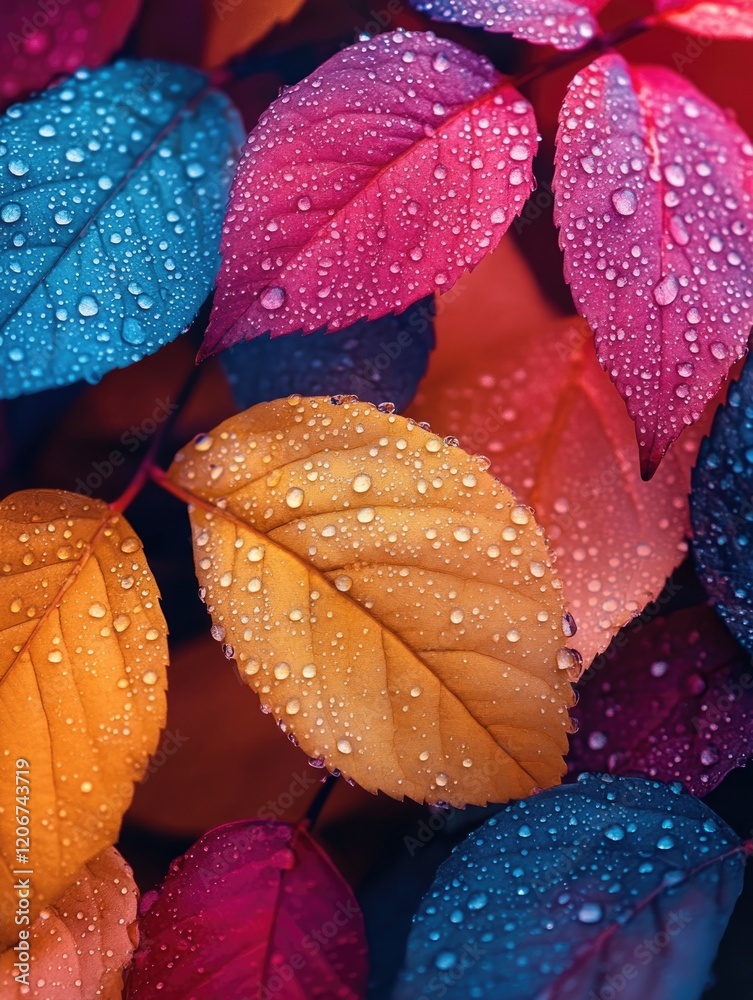 Sticker Colorful Leaves with Water Droplets