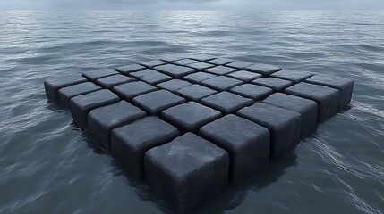 Fototapeta premium Dark stone blocks floating on a calm sea