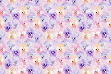 水彩画パンジーのシームレスパターン、淡い紫の背景