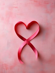 Red ribbon in the shape of an infinity symbol, Valentine's theme, soft gradients in background, light pastel tones, romantic and artistic vibe, ample copyspace for text, no trademarks or watermarks,