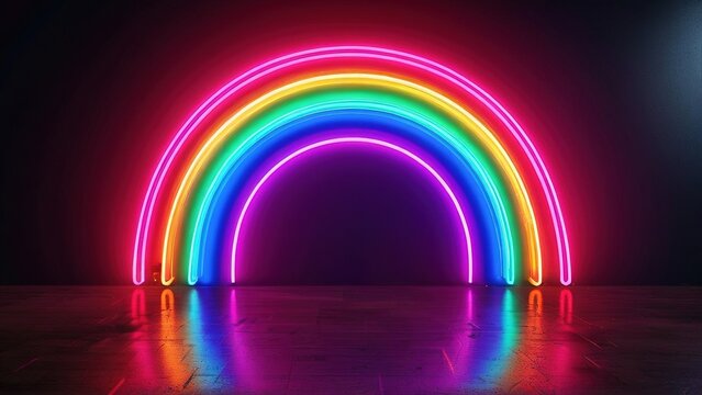 Neon rainbow arch, dark studio, reflective floor, vibrant colors, LGBTQ+ pride