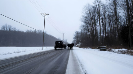 Winter Road Trip Horse-drawn Buggy and Antique Car on Snowy Country Road