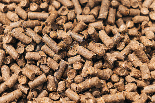 A background from a feed additive for raising animals.. Wood pellet cat litter, background and texture, top view