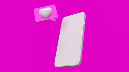 White mobile and heart on pink background  3d Rendering.