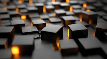 Obraz premium Abstract Black Cubes Glowing Orange Lights