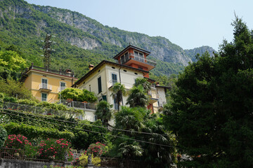 Traditional Italian hilltop homes and villas along Lake Como, Italy