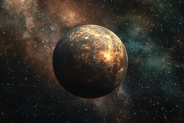 Obraz premium A distant planet surrounded by a starry cosmic background.