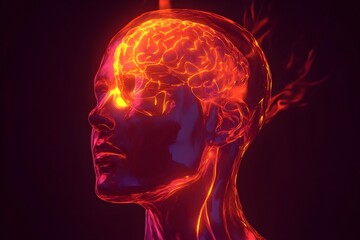 A brain with red glowing veins and a red skull