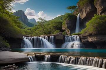 Naklejka premium Beautiful and Peaceful Nature Scenery Illustration Landscape Countryside Tranquil Vibrant and Colorful