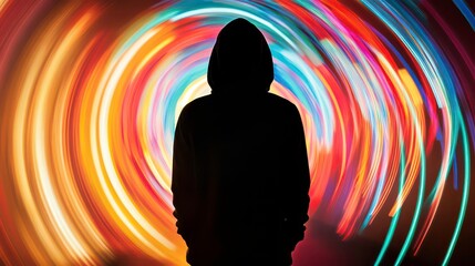 Silhouette of person in hoodie against backdrop of colorful light trails