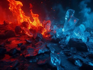 Fototapeta premium Fiery Inferno Meets Glacial Ice Crystals Amidst Dark Rocks