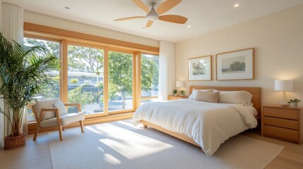 Fototapeta premium Modern bedroom sunlight, wooden furniture, large window, tranquil garden view, home interior design