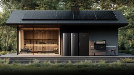 Modern eco-friendly home with solar panels, large glass windows, and lush greenery in the background