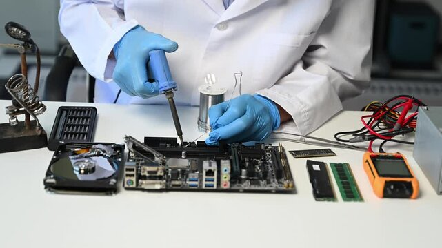 The technician repairing the motherboard in the lab with copy space. the concept