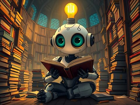 Robot futurista en una biblioteca, reflexionando profundamente, rodeado de libros con una bombilla encima.