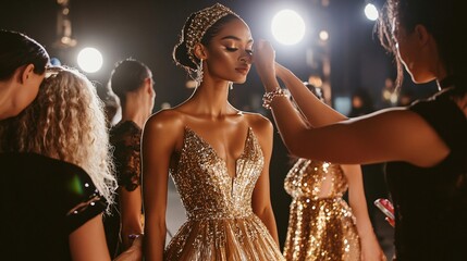 Glamorous Fashion Model in a Stunning Golden Dress at Photoshoot