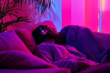 A woman is laying on a couch with headphones on her ears