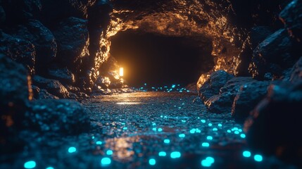 Enchanted Cave Scene with Bioluminescent Blue Lights and Mysterious Glow from a Lantern