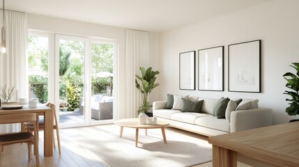 Fototapeta premium Modern living room interior design, patio view, sunlight streaming, minimalist decor, home staging