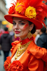 A captivating model in a vibrant carnival outfit showcasing fantastic hues and an exuberant festive spirit. Vibrant Carnival Attire Featuring a Floral Hat and a Bright and Cheerful Orange Ensemble