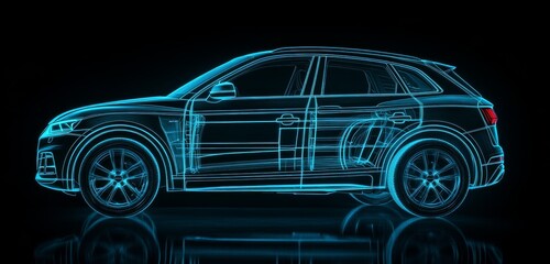 Naklejka premium Wireframe SUV digital rendering on black background.