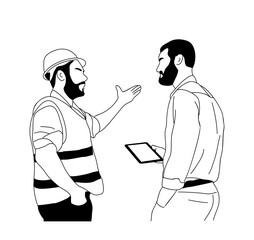 Architect manager do short brief to builder coordinator. Engineers have meeting, controlling construction with digital tablet. Outline sketch drawing vector line art illustration isolated