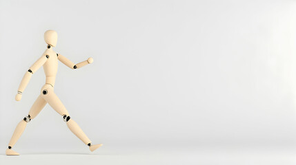 Wooden mannequin walking, studio shot, white background, copy space, health concept