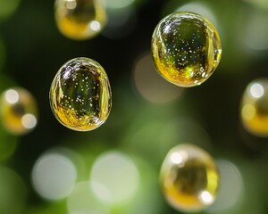 Elegant Yellow Bubbles Suspended in Air with Soft Green Background