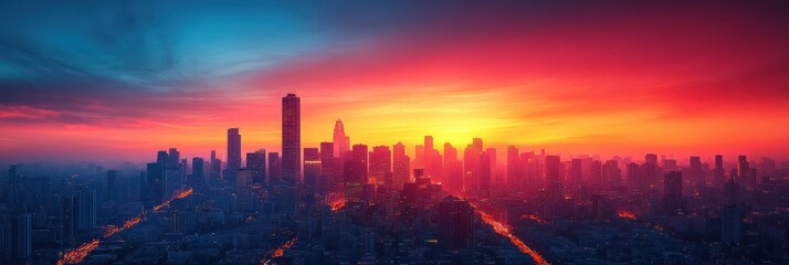 Fiery Sunset over City Skyline: A Breathtaking Panorama