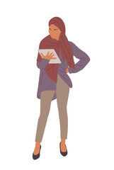 Arabic woman in hijab vector flat realistic illustration. Stylish muslim business female person in trendy clothes on transparent background. Saudi girl in traditional outfit with digital tablet.