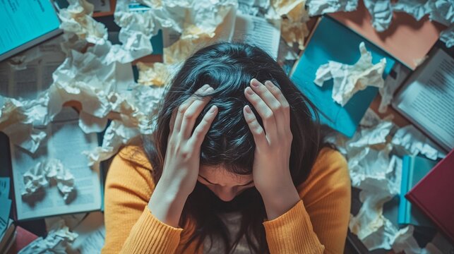 Overwhelmed Woman Surrounded by Crumpled Papers and Books - Powered by Adobe