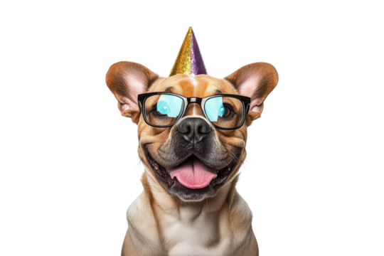 Bulldog wearing colorful glasses and a cute party hat isolated on white or transparent PNG