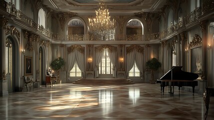 Fototapeta premium Elegant ballroom with chandelier and grand piano, showcasing luxury.