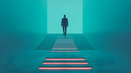 Surreal Businessman Ascending a Glowing Staircase