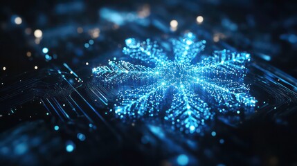 snowflake pattern made of glowing blue digital particles on dark background winter technology concept
