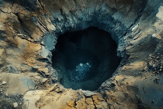 Dark, deep hole in the ground, aerial view.