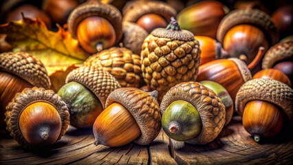 Rich acorns scattered on wooden surface, showcasing autumn beauty