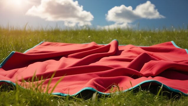empty red picnic blanket on green grass background
