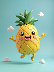 Create a vibrant 3D image of a joyful, dancing pineapple with a cute smile, small hands, and tiny feet. Its yellow skin glistens against a soft blue background with white clouds.