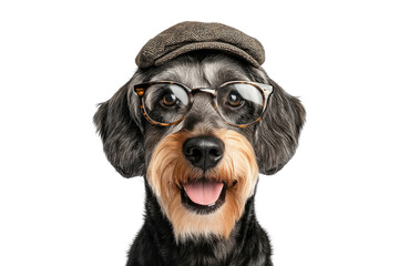 Schnauzer wearing oval glasses and a newsboy cap isolated on white or transparent PNG